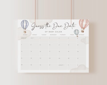 May include: A printable baby shower game with a calendar for guests to guess the due date of Baby Caleb. The calendar is decorated with watercolor hot air balloons in pink and blue.