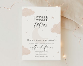 Editable Twinkle Twinkle Little Star Gender Reveal Invitation Printable Half Moon and Stars Gender Reveal Party Digital Invite Template