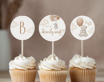 Editable Baby Shower Cupcake Topper We Can Bearly Wait Theme Instant Download Printable Cake Decor Props Gender Neutral Bear Beige Balloons