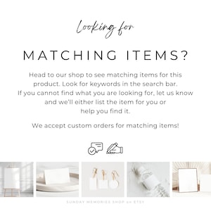 May include: White background with text that reads "Looking for MATCHING ITEMS?" and additional text below. The image includes a variety of product photos at the bottom, including a blank canvas, cards, tags, and a water bottle.
