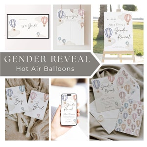 Editable Hot Air Balloons Gender Reveal Bundle Invitation Evite Welcome Sign Voting Paper Fans and Poster Download Printable Template