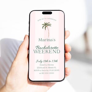 Editable Cabana Bachelorette Weekend Evite Printable Malibu Bride West Palm Springs Hens Theme Palm Royale Invite Retro Beach Club