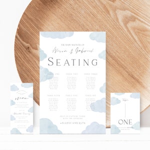 Editable Clouds Baby Dining Bundle Printable Dusty Blue Seating Chart Template Menu Card In the Nine Cloud Table Number Sign Gender Neutral