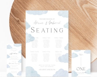 Editable Clouds Baby Dining Bundle Printable Dusty Blue Seating Chart Template Menu Card In the Nine Cloud Table Number Sign Gender Neutral