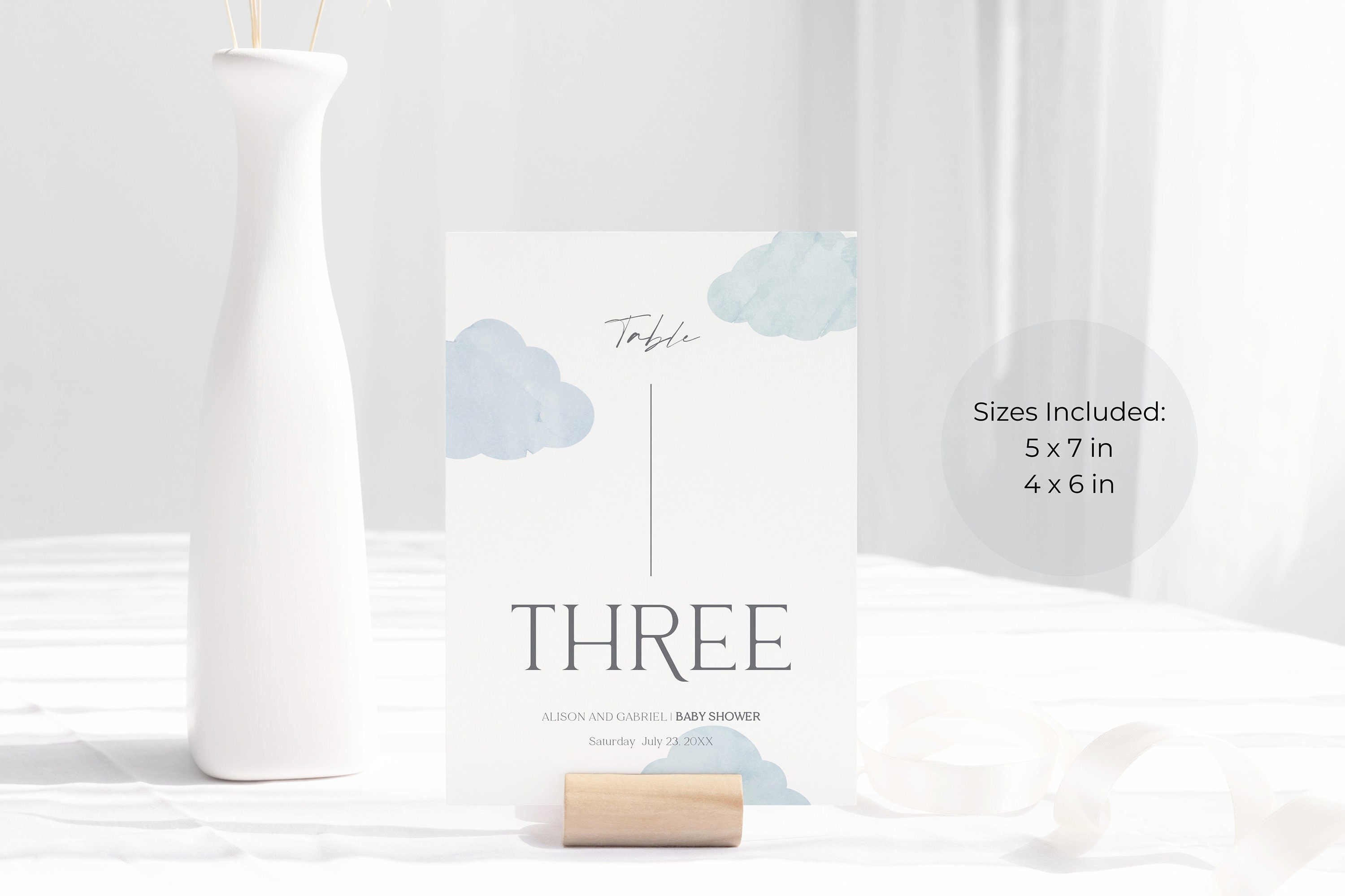 Editable Table Number Sign Clouds Baby Shower Printable Dusty Blue ...