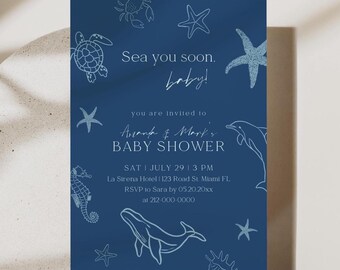 Editable Sea you Soon Baby Shower Invitation Printable Coastal Gender Neutral Invite Deep Blue Ocean Hand Drawn Print Summer Beach Party