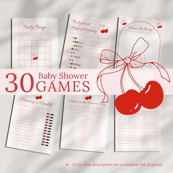Editable Cherry Baby Shower Games Bundle Printable Cherry with Bow Theme Guest Guessing Games Baby Bingo Cherry Prints Coquette Theme