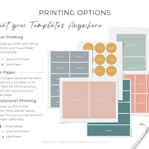 May include: An image showcasing various print template options, including stickers and rectangular and square layouts in shades of pink, green, and gray. Text includes "Print your Templates Anywhere" and "Printing Options."