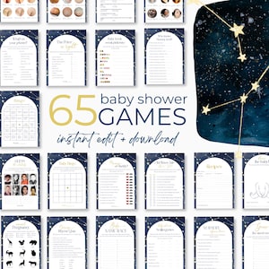 May include: A set of 65 printable baby shower games with a celestial theme. The games are designed with a blue and gold color scheme and feature a constellation design. The text "65 baby shower games" is written in gold letters on a blue background.