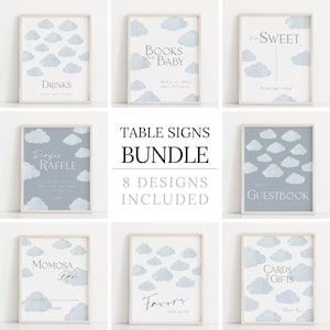 Printable Clouds Baby Shower Table Sign Bundle Editable Dusty Blue Clouds Mimosa and Favors Sign Baby Shower Gender Neutral Decorations