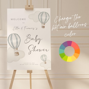 Editable Welcome Sign Hot Air Balloons Printable Baby Shower Sign Welcome Gender Reveal Clouds and Balloons Modern Color Edit Sign