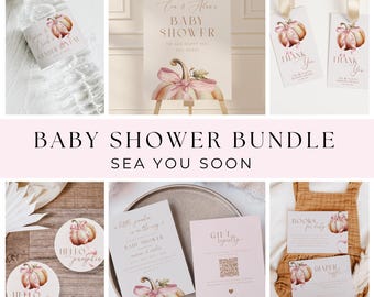 Bow Pumpkin Baby Shower Bundle Pink Coquette Girl Editable Template Set Printable Terracotta Pumpkin Fall Theme Decorations Tan Autumn Baby