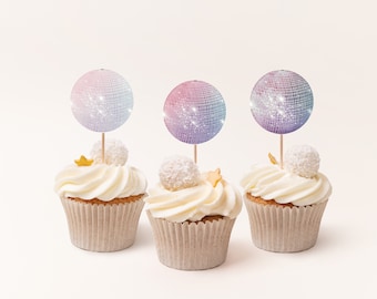Printable Cupcake Topper Disco Ball Editable Cake Pick for Retro Disco Party Cupcake Topper Groovy Disco Ball Cake Birthday Decorations