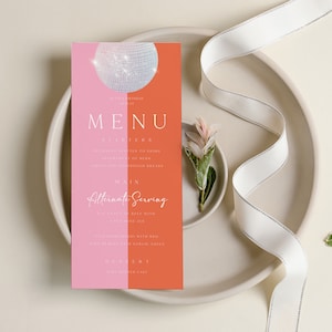 Editable Disco Menu Card Disco Printable 70's Theme Table Menu Card Sign Disco Birthday Party Pink Disco Decorations Dining Table Stationery