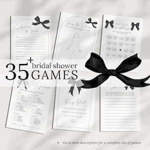 Editable Bridal Shower Games Black Tie Printable Guest Games Black Bow Hens Party Games Handouts She&#39;s Tying the Knot Theme Party Coquette