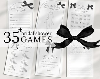 May include: A set of printable bridal shower games with black and white illustrations of bows. The games include "Advice for the Bride", "Guess the Dress", "Bridal Guest Bingo", "What's in Your Purse", and "Ring Hunt".