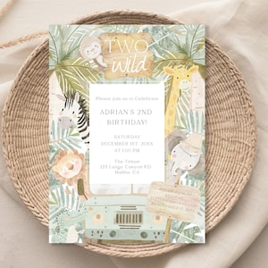 Editable Two Wild Safari Birthday Invitation Printable Safari Animals Second Birthday Invitation Jungle Theme Safari Party Second Year Old
