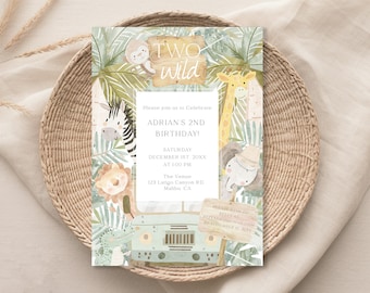 Two Wild Safari Birthday Invitation: Jungle Animals (Digital Download)