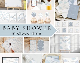 Editable Clouds Baby Shower Bundle Printable Dusty Blue In the Nine Cloud Gender Neutral Digital Template Set Christening Decorations