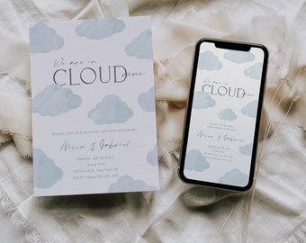 Cloud Nine Baby Shower Invitation Bundle: Dusty Blue Watercolor (Digital Template)
