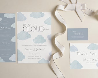 Editable Clouds Baby Shower Bundle In the Nine Cloud Invitation Printable Dusty Blue Menu Card Template Clouds Gift Tags and Thank you Card