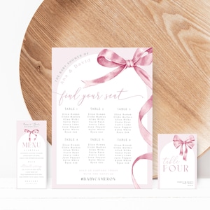 Editable Coquette Dining Bundle Seating Chart Sign Menu and Table Number Sign Printable Set Pink Bow Baby Shower Girl Templates