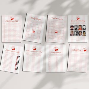 May include: A collection of eight baby shower game printables. Each sheet features a pink and white striped background with red cherry illustrations. Games include "Old Wives Tale," "Baby Bingo," and "Guess the Celebrity."