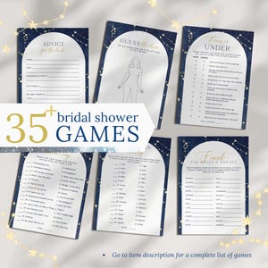 Puede incluir: Un conjunto de 35 juegos de despedida de soltera imprimibles con un tema celestial. Los juegos presentan un fondo azul marino con estrellas doradas y constelaciones. El texto en las tarjetas es en blanco y dorado. Los juegos incluyen "Consejos para la novia", "Adivina el vestido", "Does or Under", "Empareja la canción de amor", "Ten esa canción" y "Termina la frase de la novia".