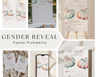 Pumpkin Gender Reveal Party Template Bundle Printable Pastel Pink or Blue Editable Fall Reveal Set Pumpkin with Bows Autumn Decoration