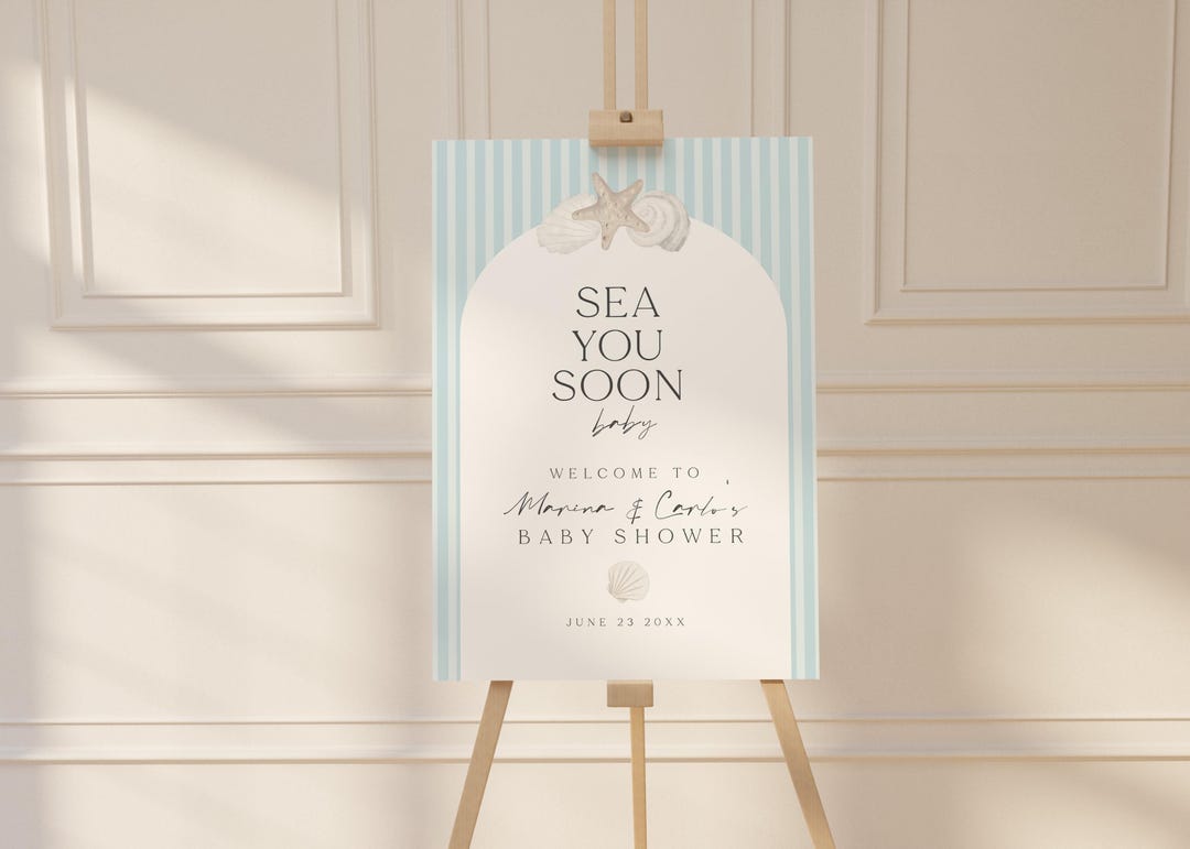 Coastal Welcome Sign Baby Shower Blue Sea You Soon Theme Elegant Shells ...