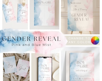 Editable Boy or Girl Gender Reveal Bundle Printable Pink and Blue Wash Classic Gender Reveal Stationery Modern Reveal Pink and Blue Mist