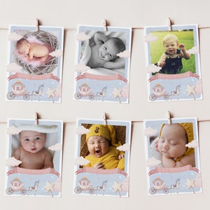 May include: Six baby photos displayed on a string with clothespins. Each photo is in a white frame with a blue background and pink accents. The photos show a baby at different ages, from one month to six months. Each photo has a pink banner with the age of the baby in months written on it.