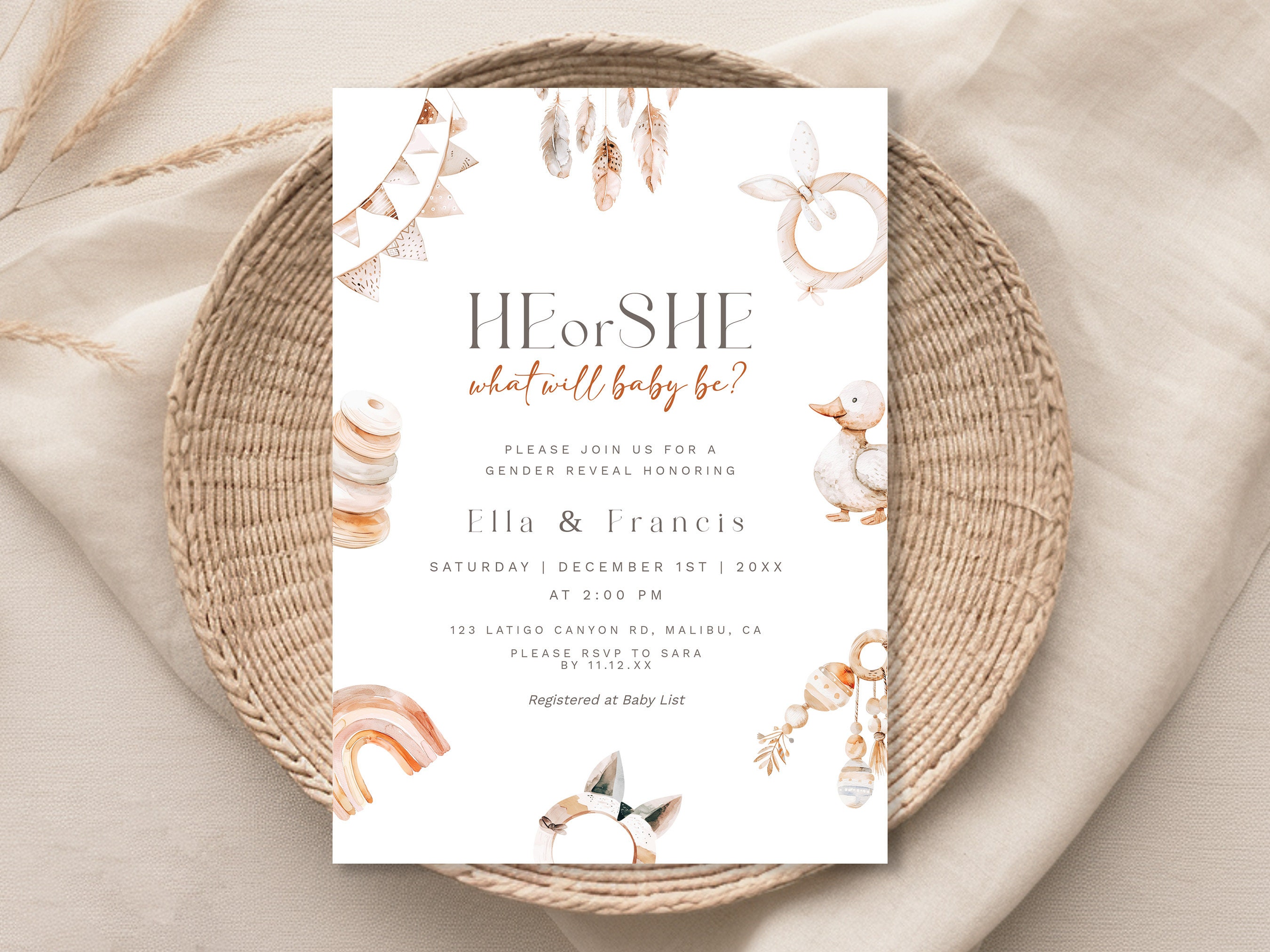 Editable Boho Gender Reveal Invitation Printable Minimalistic Modern He ...