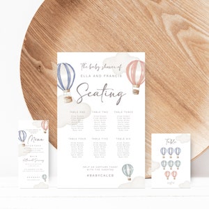 Editable Menu Seating Chart Table Sign Printable Template Bundle Oh Baby Hot Air Balloons Baby Shower Sign Menu Cart Template Table Cards
