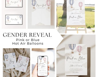 Editable Pink and Blue Hot Air Balloons Gender Reveal Bundle Printable Invitation Set Evite Template Welcome Sign Gender Team Stationery