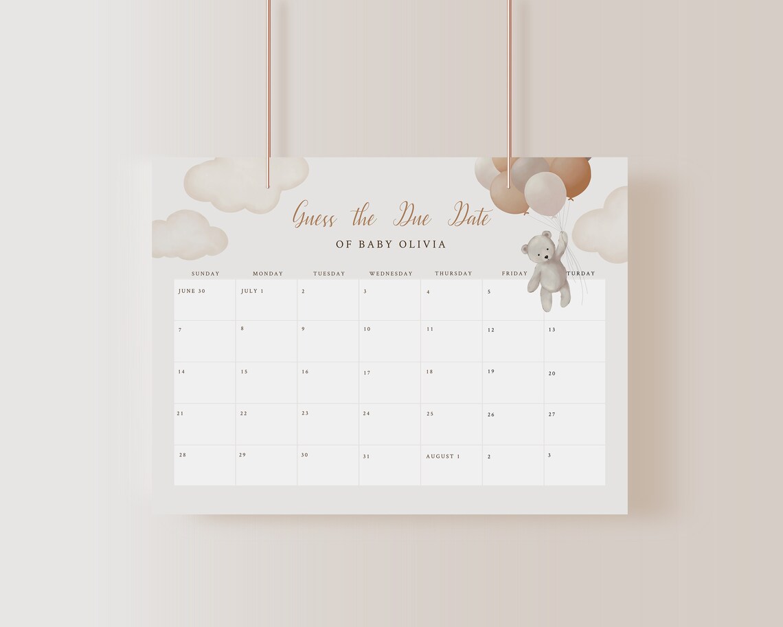 Editable Baby Shower Calendar Sign We Can Bearly Wait Guess the Due ...