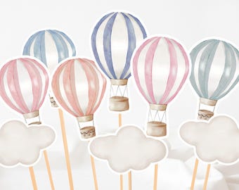 Editable Hot Air Balloons Cupcake Toppers Props for Gender Reveal Baby Shower Birthday Cake Cut Out Pastel Color Decor Printable Template
