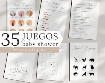 Set de Plantillas de Juegos de Baby Shower en Español Editables Actividad para Romper el Hielo Trivias Imprimible Bingo de Bebé Minimalista
