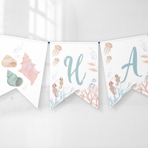 Editable Under the Sea Birthday Flags Printable Ocean Happy Birthday Garland Pool Party Decorations Seashells Birthday Wall or Table Decor