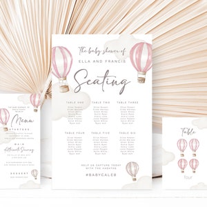 Editable Baby Shower Menu Seating Chart and Table Number Sign Printable Template Hot Air Balloon Theme Baby Shower Girl Decorations