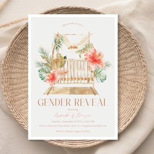 Puede incluir: Una invitación a una revelación de género con una ilustración de acuarela de una cuna decorada con flores tropicales y vegetación. El texto dice "Revelación de género" y "En honor a Anank & Eluzer". La invitación incluye la fecha, la hora y el lugar del evento.