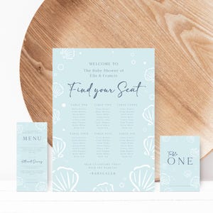 Editable Table Signs Set Sea you Soon Baby Shower Ocean Theme Printable Seating Sign Coastal Table Number Sign Blue Gender Neutral Menu Card