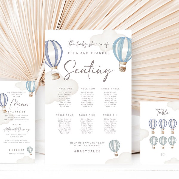 Editable Baby Shower Menu Card Seating Chart and Table Number Sign Printable Template Bundle Hot Air Balloon Baby Shower Boy Decorations