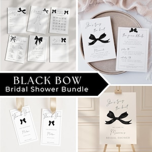 Editable Black Bow Bridal Shower Bundle Printable Black Tie Set Bachelorette Invitation Coquette Theme Hens Party Games Print Sign and Label