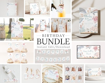 May include: A collection of printable birthday party decorations with an under-the-sea theme. Includes invitations, signs, cupcake toppers, water bottle labels, and a banner. The designs feature illustrations of dolphins, jellyfish, and coral in soft pastel colors.