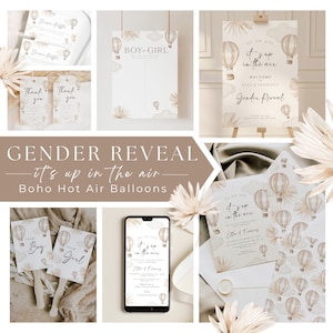 Editable It's Up in the Air Hot Air Balloons Template Bundle Boho Printable Gender Reveal Neutral Decoration Bohemian Modern Theme