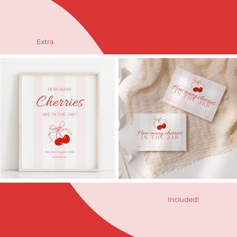 May include: A framed sign and two postcards with a cherry theme. The sign reads "How many cherries are in the jar?" with a cherry illustration. The postcards also feature the cherry graphic and text "How many cherries in the jar?"