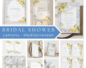 May include: Bridal shower invitation suite featuring a lemon and Mediterranean tile design. The suite includes a welcome sign, invitation, table numbers, thank you tags, and a menu. The colours are blue, white, and yellow.