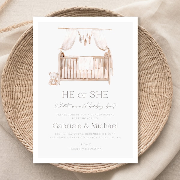 Editable Boho Baby Crib Gender Reveal Invitation Printable Bohemian Cradle Gender Neutral Invite Baby Rustic Invitation Brown Teddy Bear