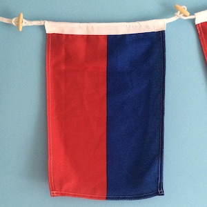 May include: A rectangular flag with a red and blue vertical split design. The flag is suspended from a white rope with a wooden clothespin. The top edge of the flag has a white border. The background is a light blue.